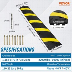 2 Pack Black Yellow Rubber Speed Bump With Cable Management Channel 72 X 11 In