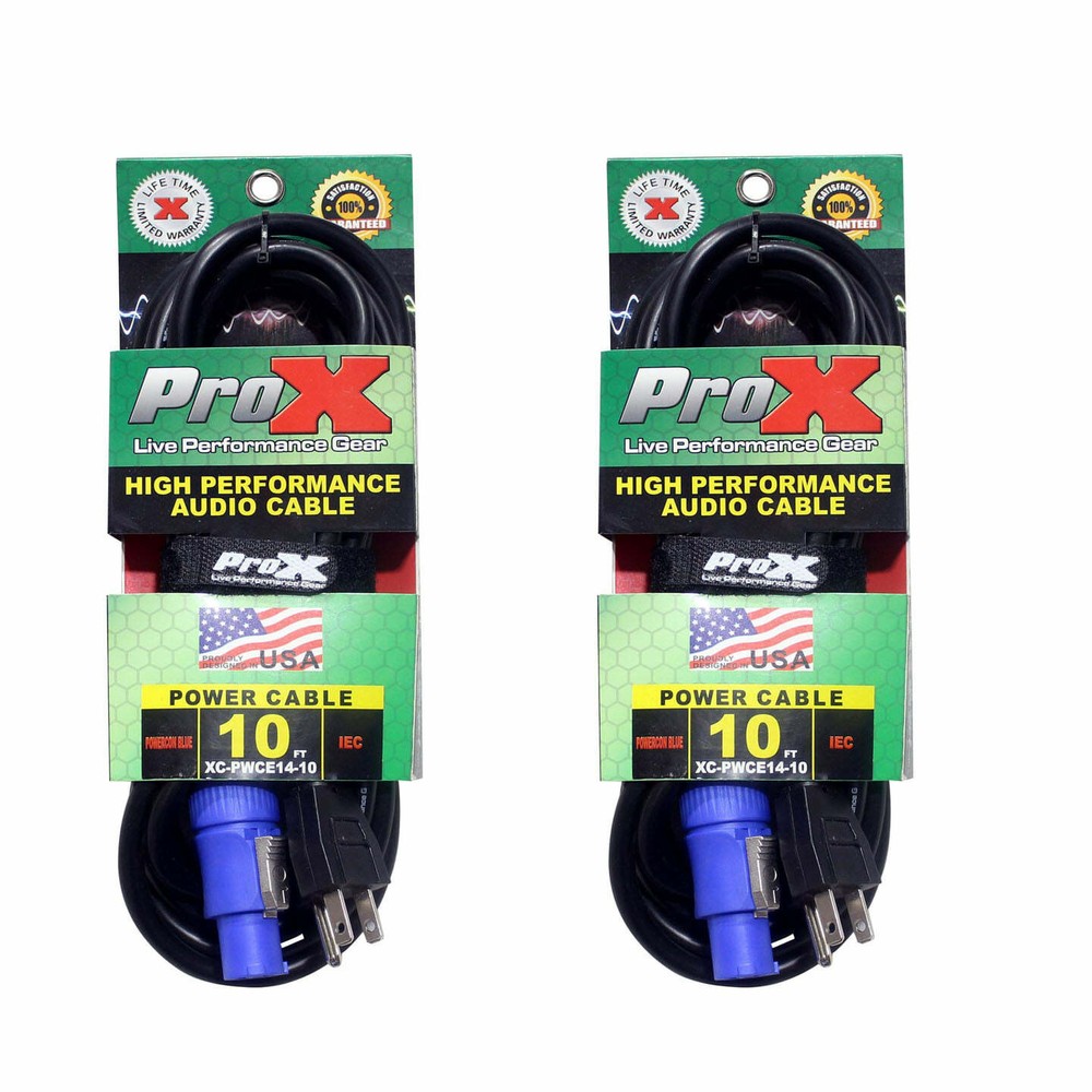 2 PowerCon Cables 14 AWG 10 ft High Performance A Blue to AC Edison 3 Prong Male