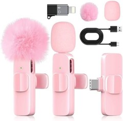 Pink Mini Wireless Microphone for iPhone Android, Lavalier Microphone with N…