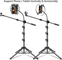 Mic Stand Microphone Floor Boom with Tablet Phone Holder Height Adjustable Clips