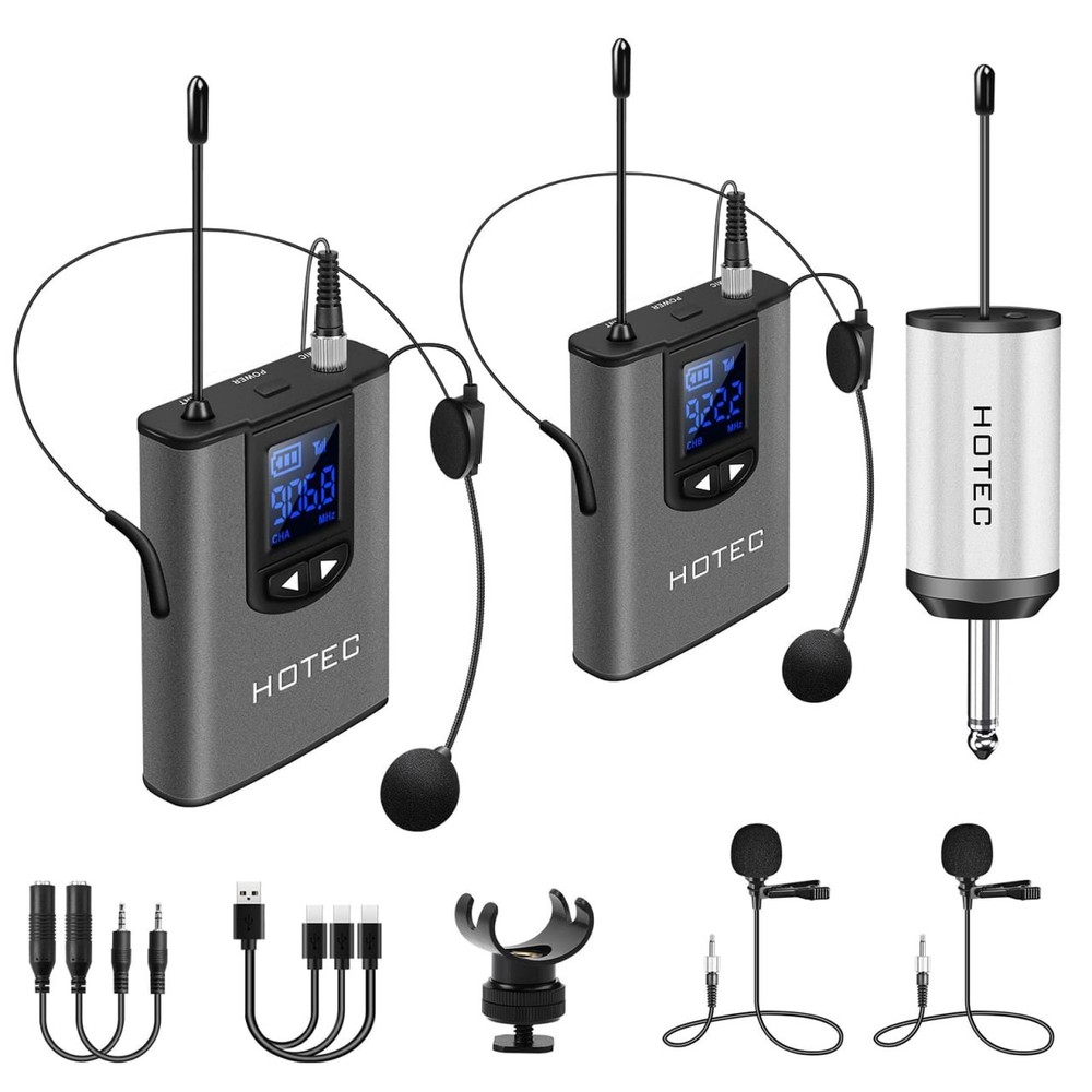 Hotec UHF Wireless Microphone System Dual Headset Lavalier Lapel Mics H-U25