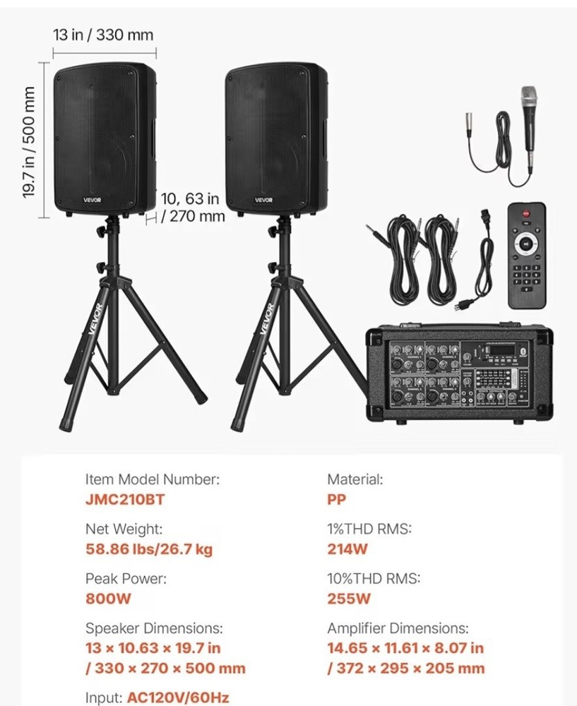 VEVOR JMC210BT PA Speaker System Bluetooth Wireless Remote 214W 6-Channel Black