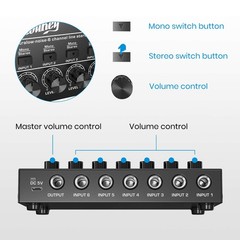 Moukey Audio Mixer, DC 5V, 6 Stereo Ultra, Low Noise 6 Medium (6-channel)