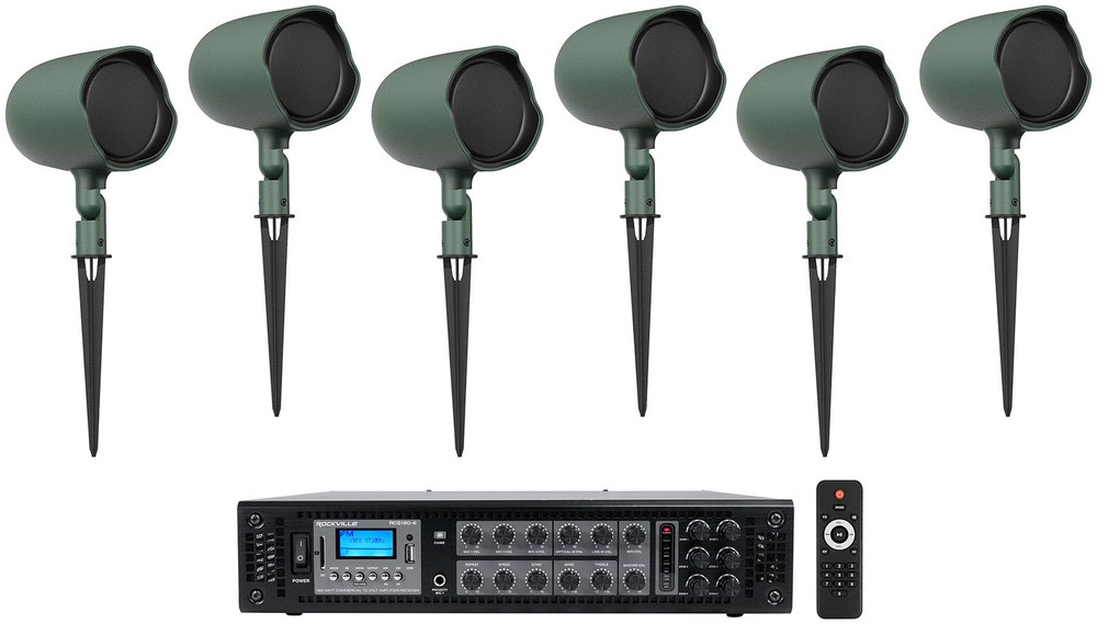 (6) JBL GSF3-GN 6.5″ Landscape Ground Stake/Wall 70v Commercial Speakers+Amp