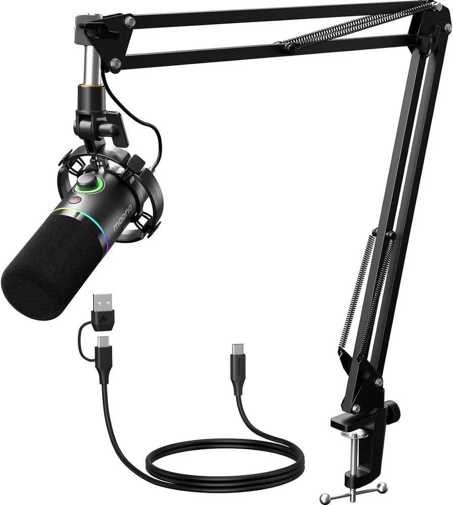 XLR/USB Dynamic Microphone Kit, RGB Podcast Mic with Software, Mute, Gain Knob,