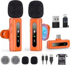 High-Quality Wireless Lavalier Microphone for Smartphones & PCs – Orange Design