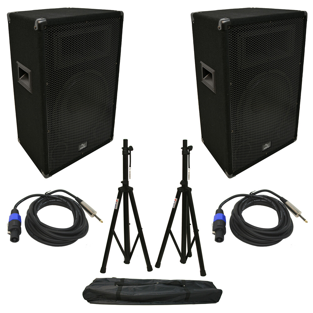 (2) Harmony Audio HA-V12P DJ 12″ 450W PA Speaker Speakon to 1/4″ Cables & Stands