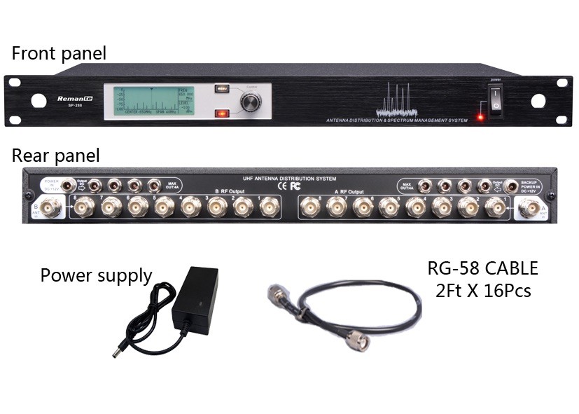 Antenna distribution system for wireless microphone have display spectrum