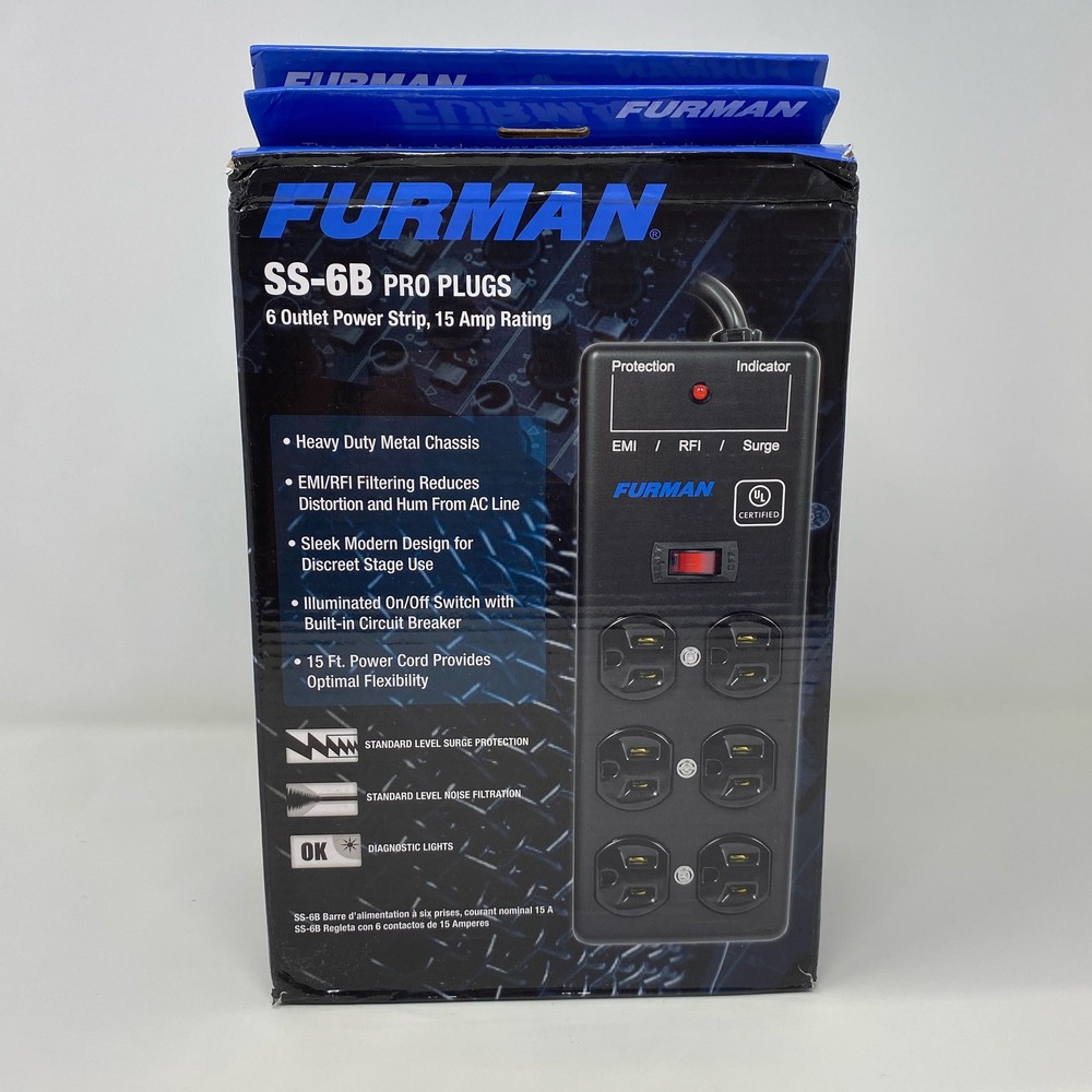 Furman SS-6B 6-Outlet Surge Block 15A, 15ft Cord – Black