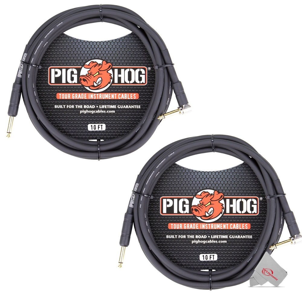 Pig Hog 10ft Instrument Cable 1/4 – 1/4 Inch Right Angle to Straight- 2 Units