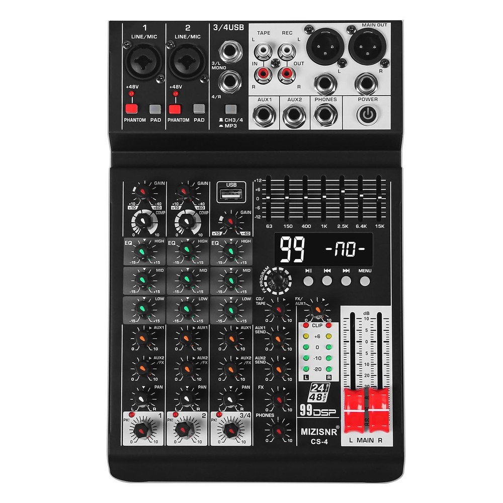 Audio Mixer 4 Channel Sound Mixer Console, Professional Music Mixing Board DJ…