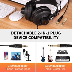 JOYO Studio Monitor Headphones, 50mm Drivers Over-Ear with Passive Noise Gray