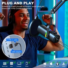 USB Gaming Microphone with Arm, Condenser Mic for PC, MAC, PS4, PS5, Phone