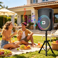 15″ Portable Party Bluetooth Speaker Heavy Bass Sound w/ LED Lights, Stand & Mic