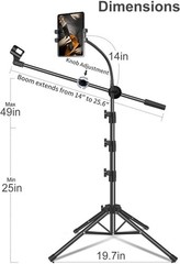Mic Stand Microphone Floor Boom with Tablet Phone Holder Height Adjustable Clips