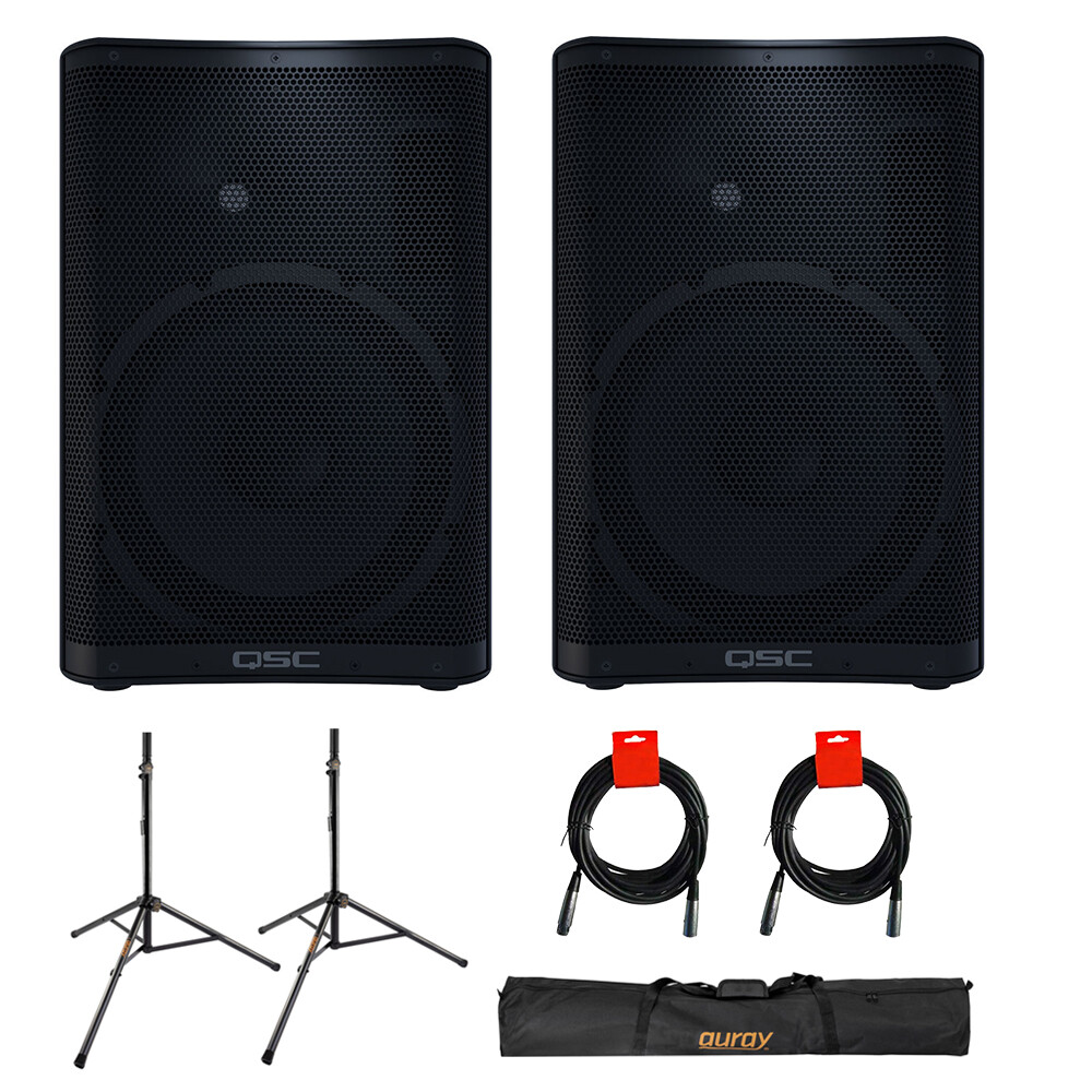 QSC CP12 12-Inch Loudspeaker – Pair w/ Speaker Stand and Case + 2x Cables