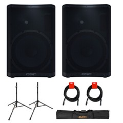 QSC CP12 12-Inch Loudspeaker – Pair w/ Speaker Stand and Case + 2x Cables