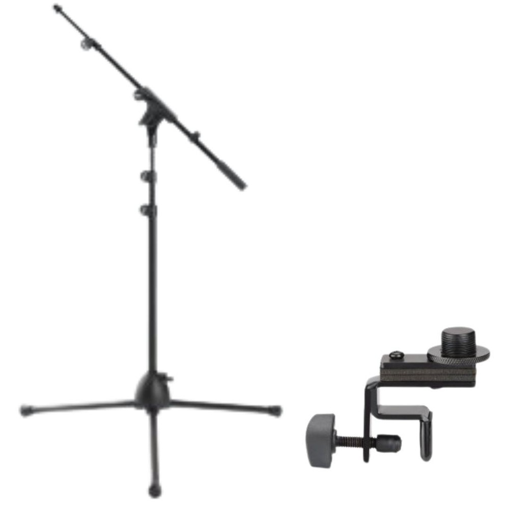 Round-Base Mic Stand Weighted + Heavy-Duty Drum Rim Clip Mount Recording Bundle