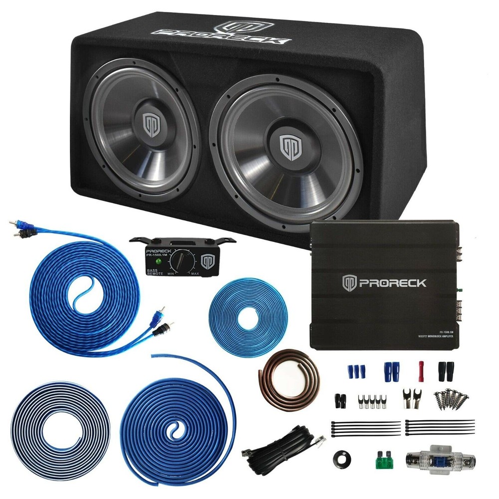PRORECK Dual 12″ Car Subwoofer System 1500W Powered Sub Enclosure Amplifier Kit