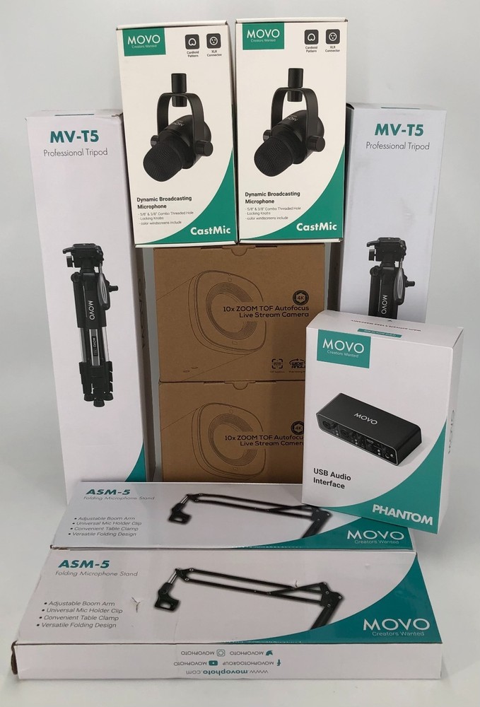 Movo Video Podcast Equipment Bundle with Boom Arms -Interface + 2X Mics Cameras