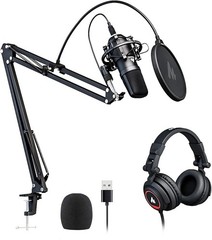 Multi-Device Compatible USB Condenser Mic with Studio Headphones for Podcasters