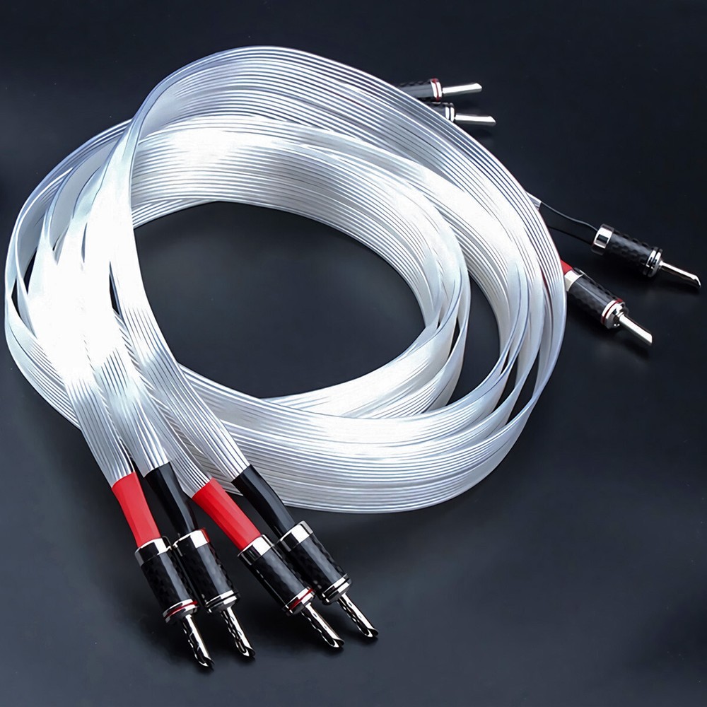 Silver Plate 8N OCC Flat HiFi Speaker Cable Cord with Carbon Fiber Banana Plug
