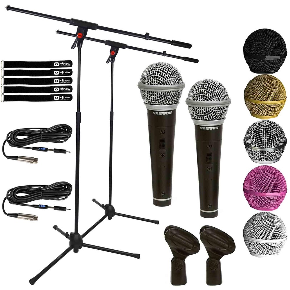 Handheld Dynamic Karaoke Microphone Vocal DJ PA Mic w Stand & Cables 2 Pack