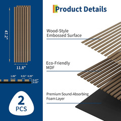 2-Pack 3D Fluted Wood Slat Acoustic Panels 47.2″ X 11.8″(Total 7.7 Ft²) – Stylis