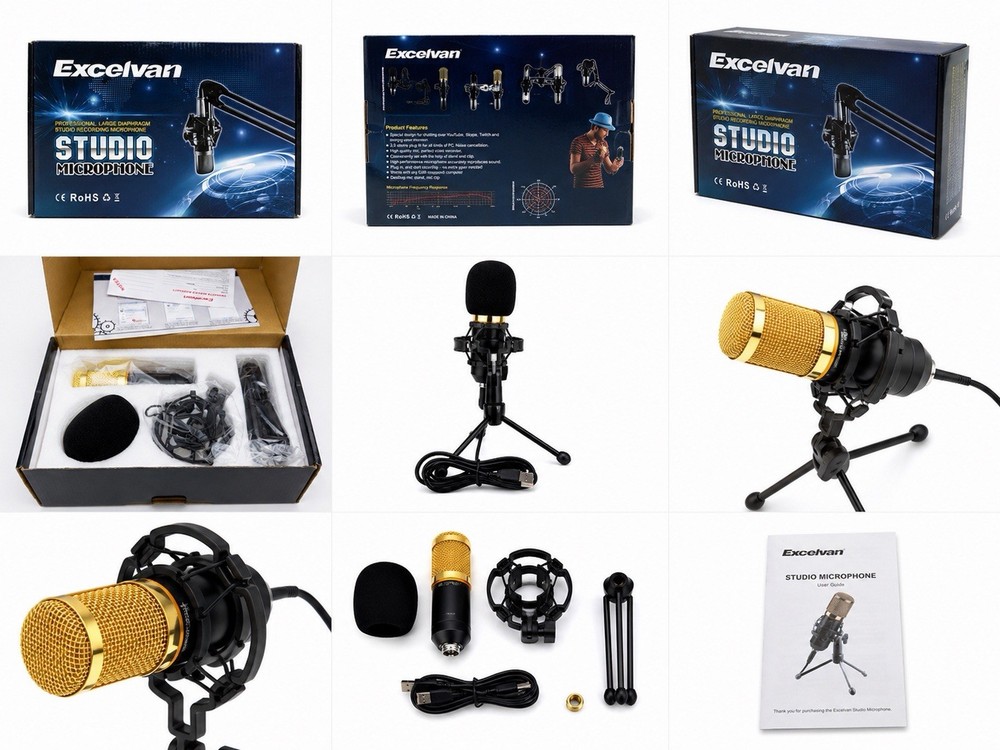 Excelvan Studio Microphone USB Large Diaphragm Condenser Gold with Stand