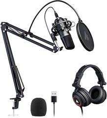 Plug and Play 192kHz Microphone Bundle with Adjustable Boom Arm and Headphones