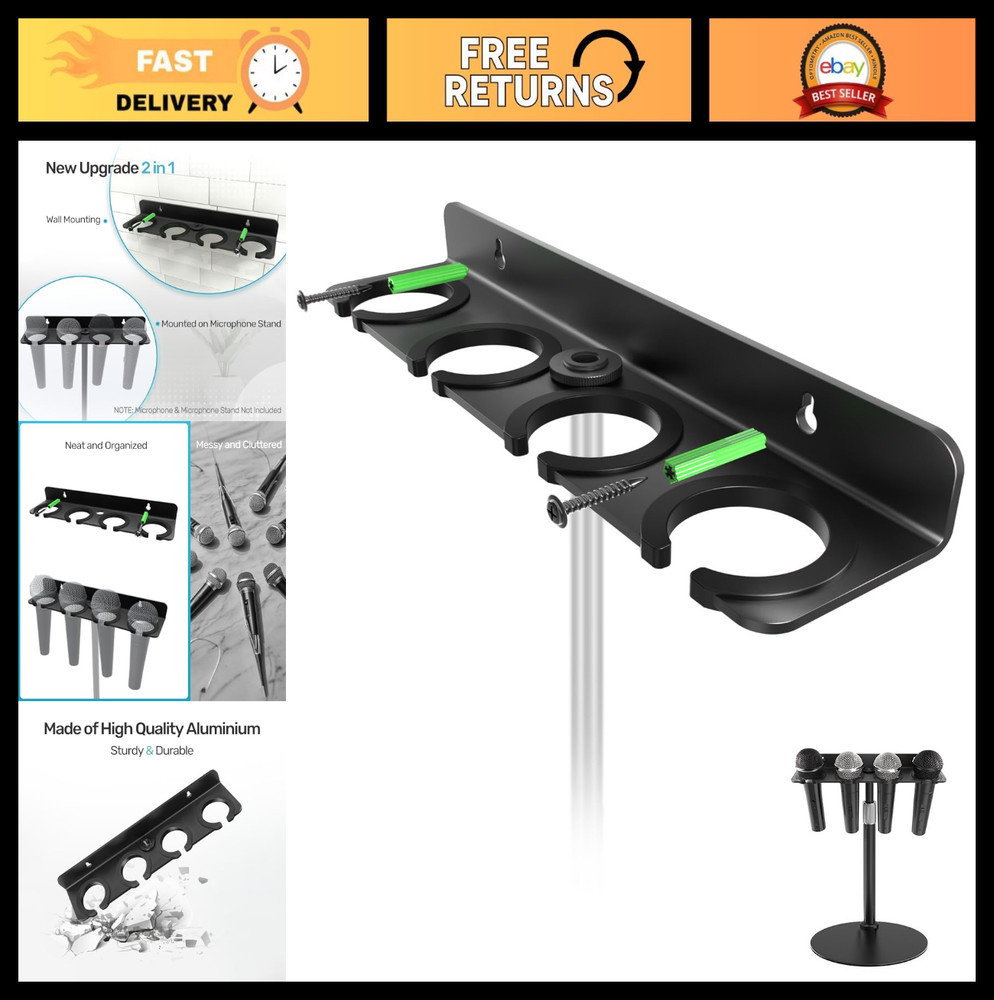 Multi Microphone Holder for Mic Stand – Store Up to 4 Wired/Wireless Mics, Wall