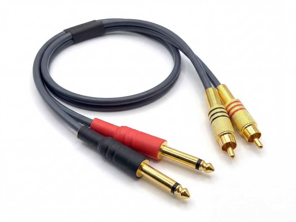 2ft Dual 1/4″ TS Mono Male Plug to 2-RCA Plug Male Gold-Plated Blue Audio Cable