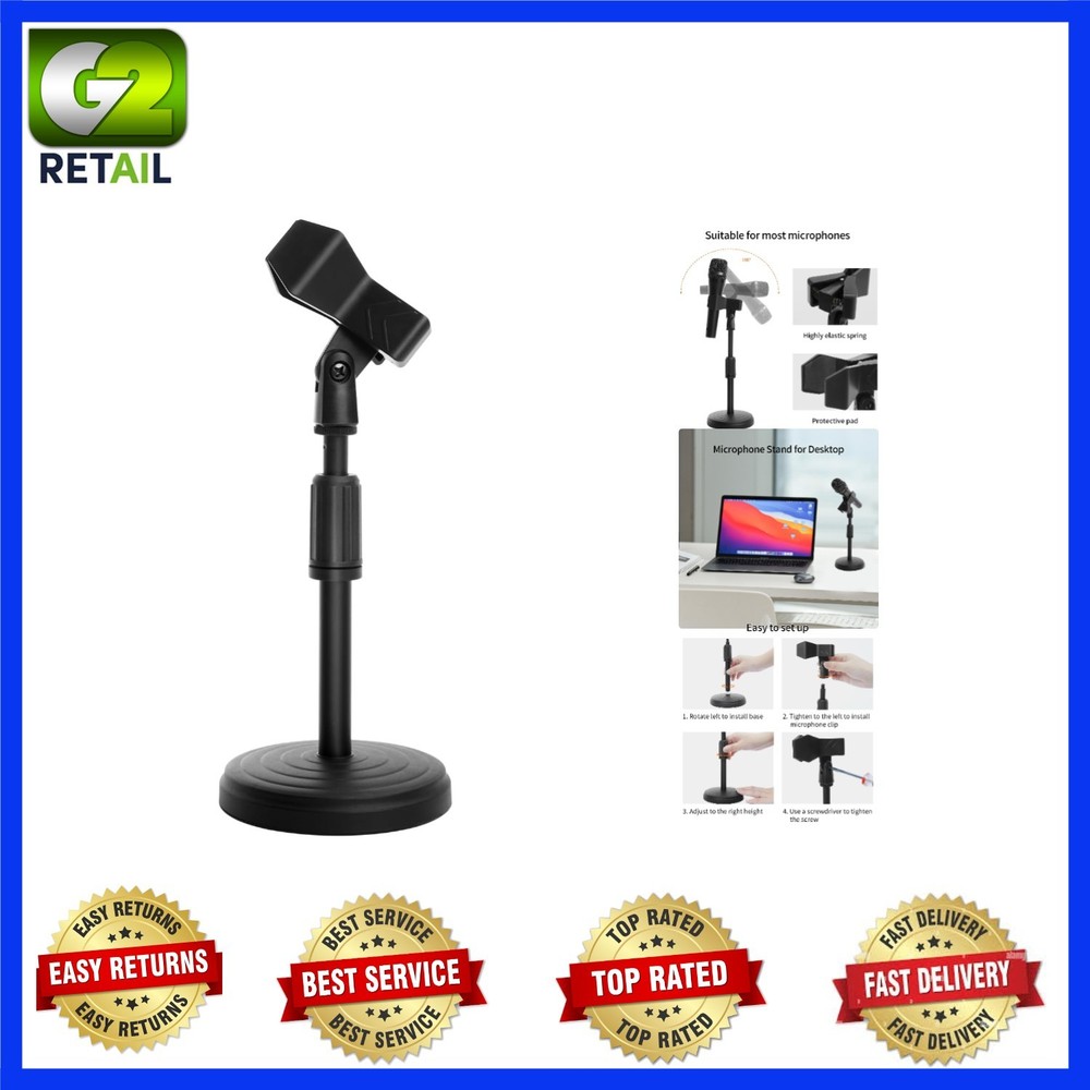 Compact Desk Mic Stand – Adjustable Height 9.6-13.9in, Max 1.7in Diameter, Black