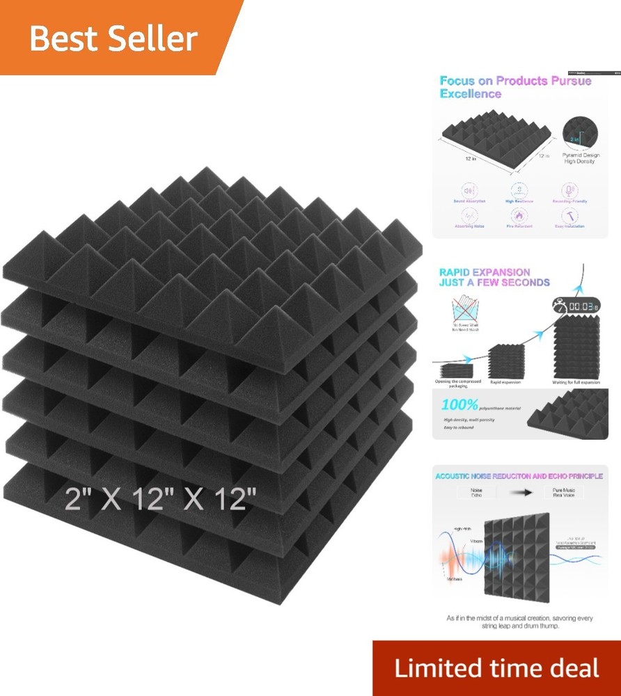 Soundproof Foam Panels 2″ x 12″ for Studios – 6 Pack Charcoal Grey Wedges