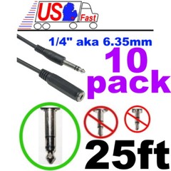 Lot10pack 25ft 1/4″Stereo Male~Female Extension Audio/Headphone/DJ Cable 6.3mm