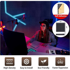 36-Pack 2In X 12In X 12In Pyramid Acoustic Foam Panels with Self-Adhesive Backin
