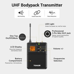 UHF Wireless Microphone System: Headset, Lavalier, 15 Channels, 200ft Range