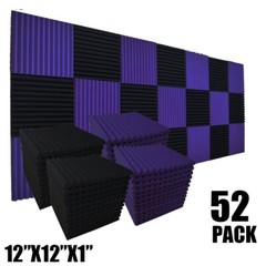 52Pack 12″X12″X1″ Black Purple Acoustic Panel Recording Studio Sound Absorb Foam