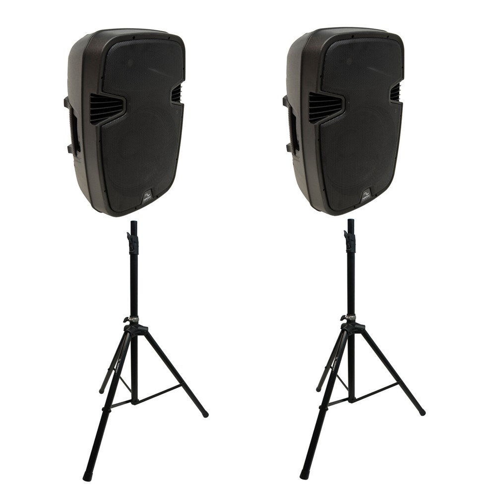 Harmony Audio 15″ Bluetooth Powered PA Speakers (2) with Tripod Stands