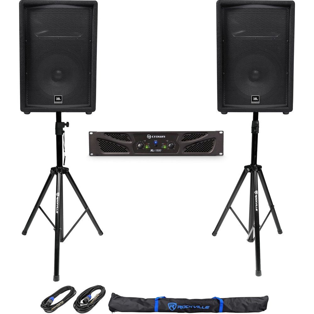 (2) JBL Pro JRX212 12″ 2000w 8 Ohm PA/DJ Speakers+Crown Amplifier+Stands+Cables