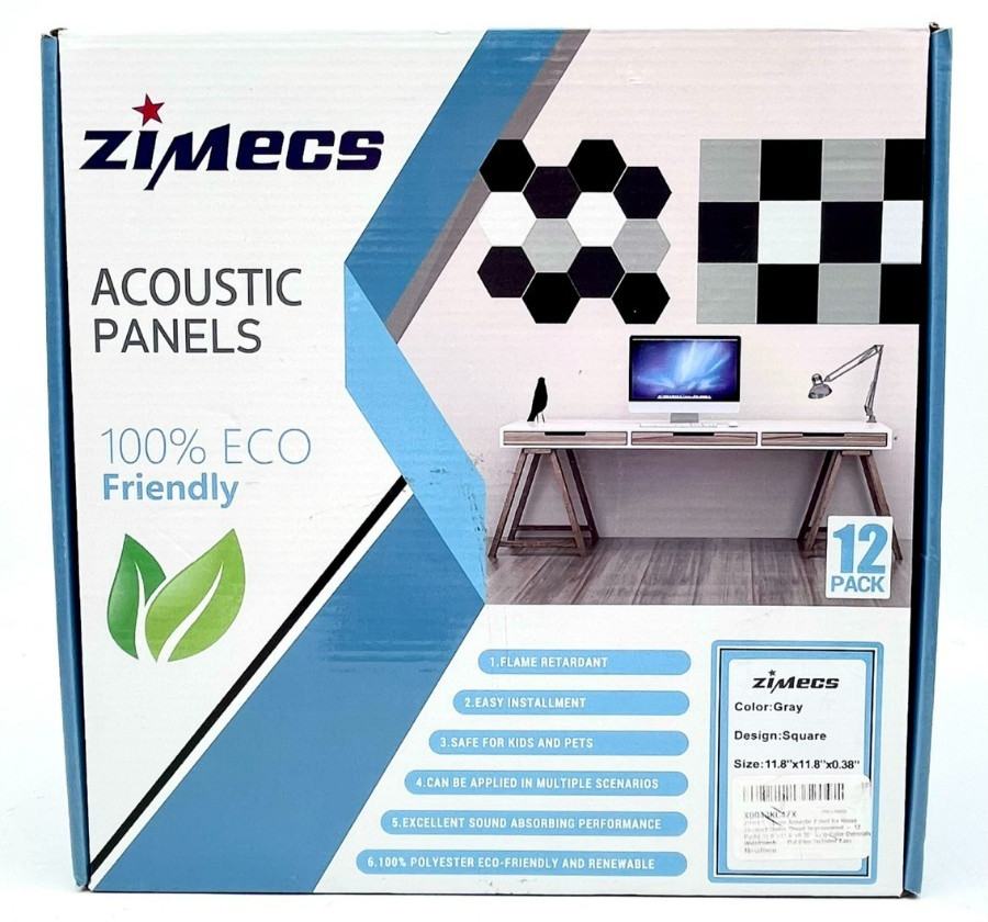 Zimecs 100% Eco Friendly Gray Acoustic Panels- Flame Retardant – 11.8X11.8X0.38″