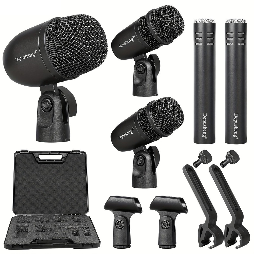 Depusheng 5-Piece Wired Dynamic Drum Mic Kit (Whole Metal) Kick Bass, Tom/Sna…