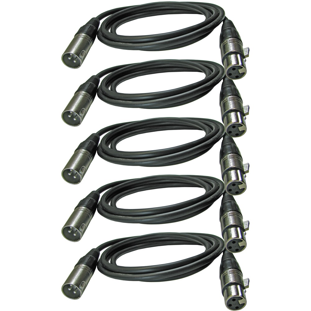 5 Pack Lot – 3 Pin XLR Extension Microphone Mic Cable Male Female M/F 6 ft foot