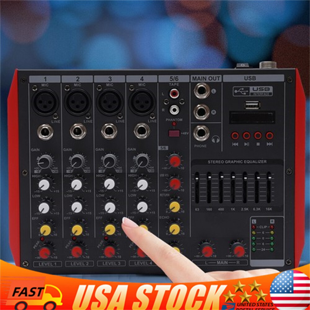 6 Channel Mixing Console Sound Live Studio Audio Mixer USB Bluetooth