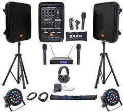 JBL EON208P 8″ Bluetooth Speakes+Mixer+Stands+Wireless Mics+Headphones+Lights