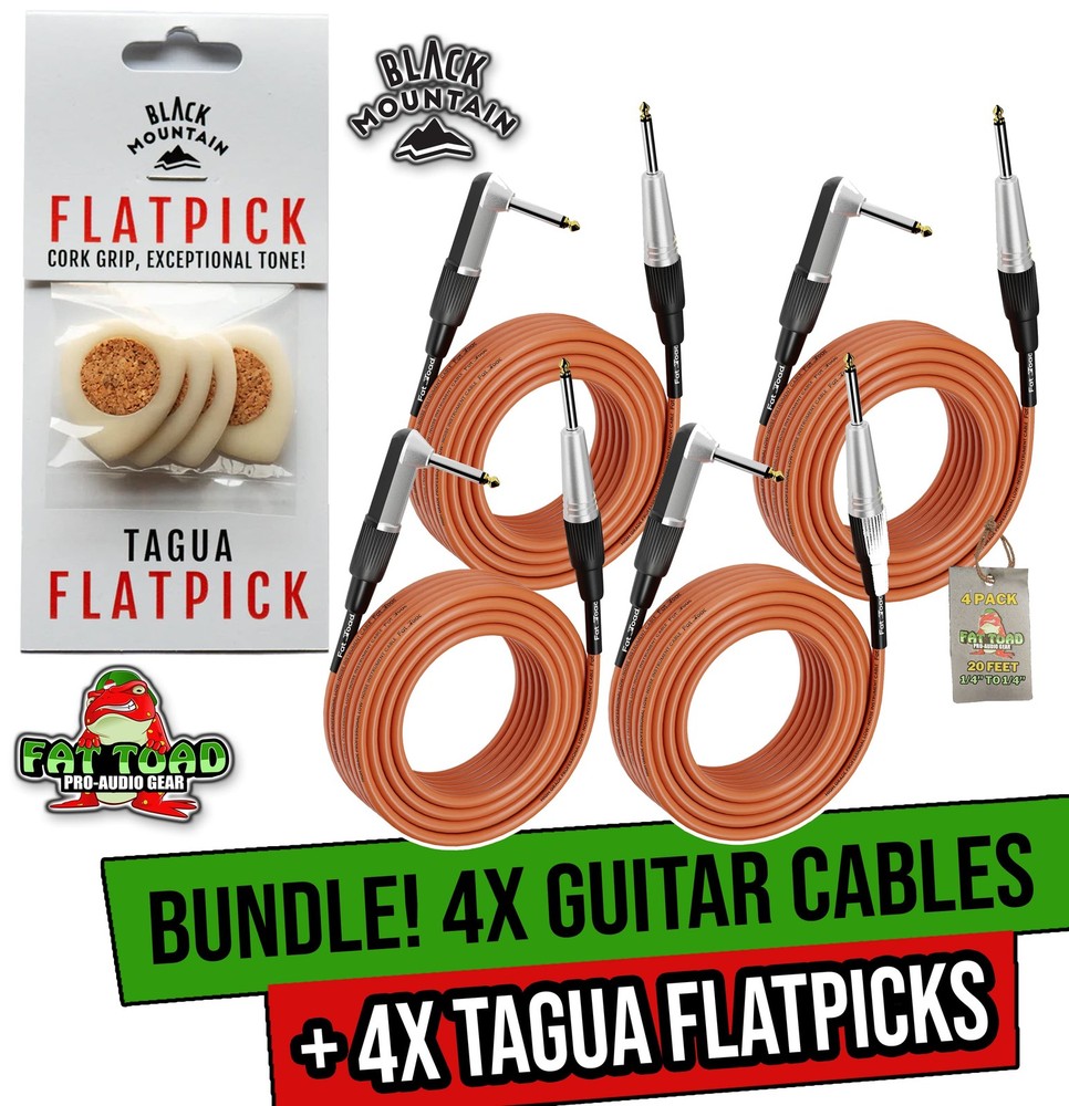 20FT Guitar Cables FAT TOAD 6 Pack Bundle & 4x BLACK MOUNTAIN Tagua Guitar Picks