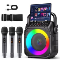 Karaoke Machine, Portable Bluetooth Speaker with 3 3 Mics, Dark Black-3Mics