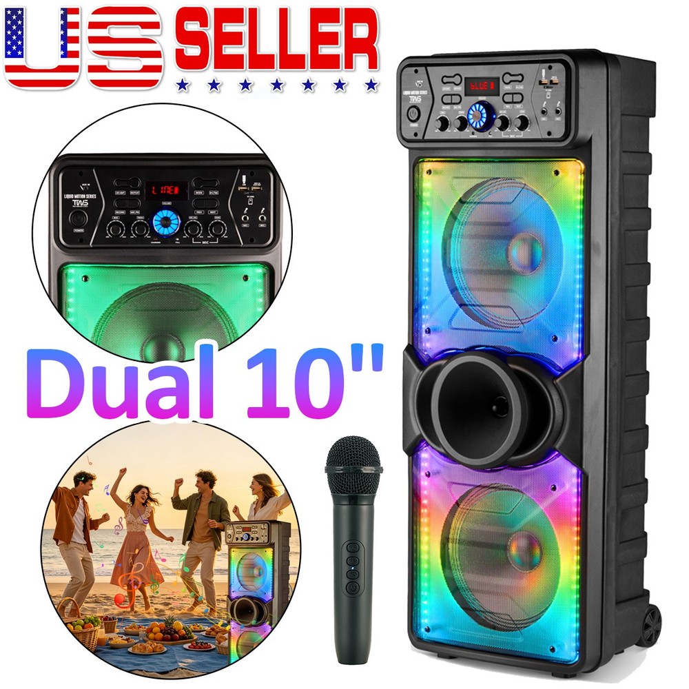 Dual 10″ Portable Bluetooth Party Speaker Woofer Heavy Bass Sound System w/ Mic