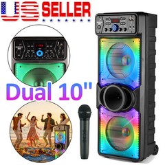 Dual 10″ Portable Bluetooth Party Speaker Woofer Heavy Bass Sound System w/ Mic