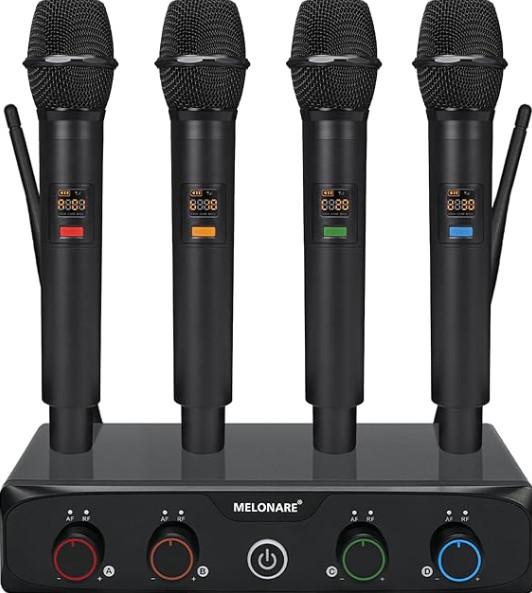 MELONARE 4-Channel Wireless Microphone System, UHF Compact Cordless Mic Set w/ 4